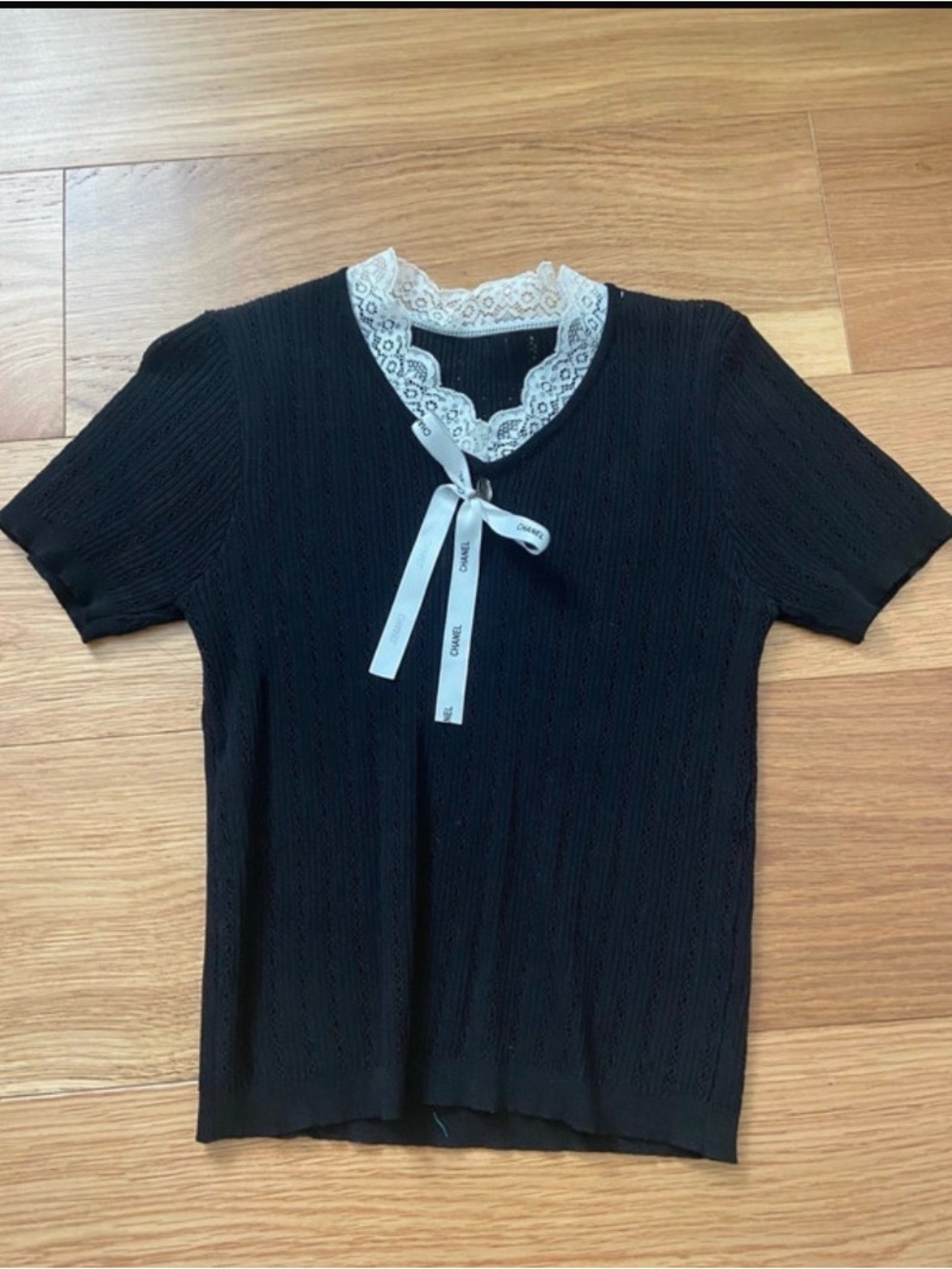 Black Lace-Trim Short Sleeve Top with Ribbon Tie